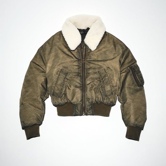 NWT ZARA DISTRESSED EFFECT NYLON BOMBER KHAKI - Picture 6 of 6